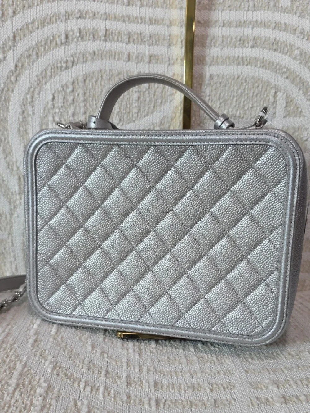CHANEL Silver Quilted Vanity-Style Large Camera Shoulder Bag